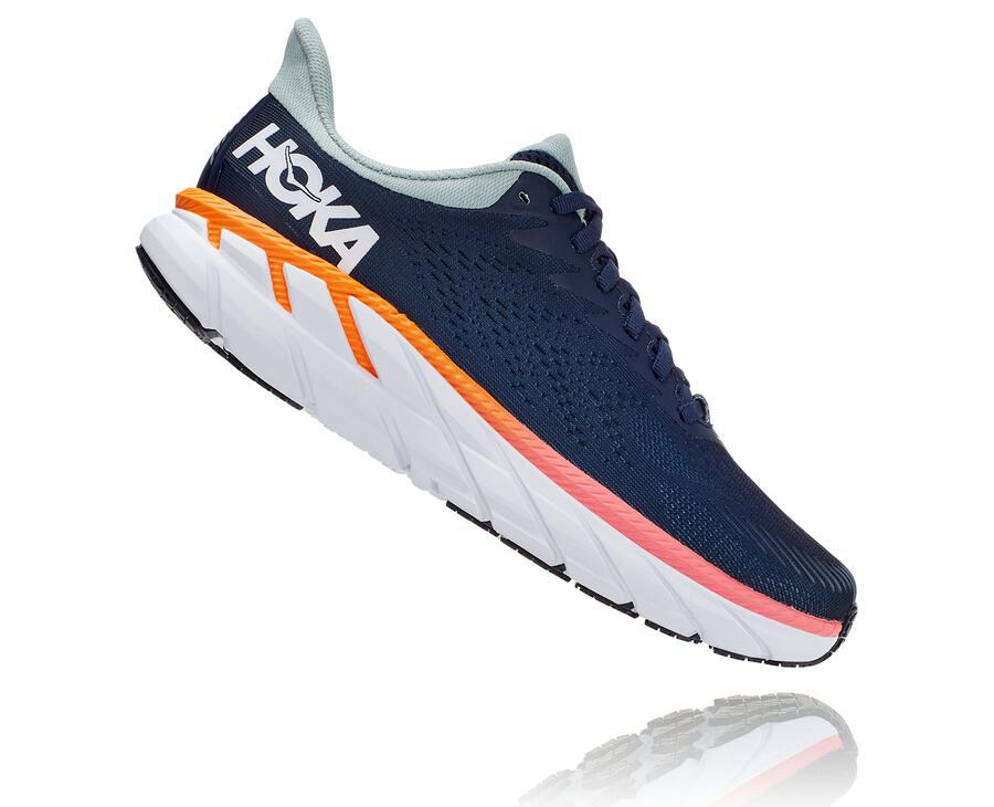 Running Shoes Womens - Hoka One One Clifton 7 - Navy/White - RJBYKWX-57